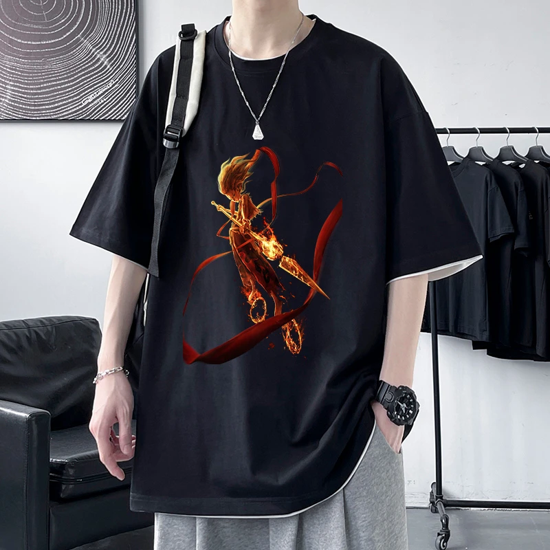 纯棉大码200斤胖子学生党个性设计夏季休闲慵懒风宽松哪吒短袖T恤