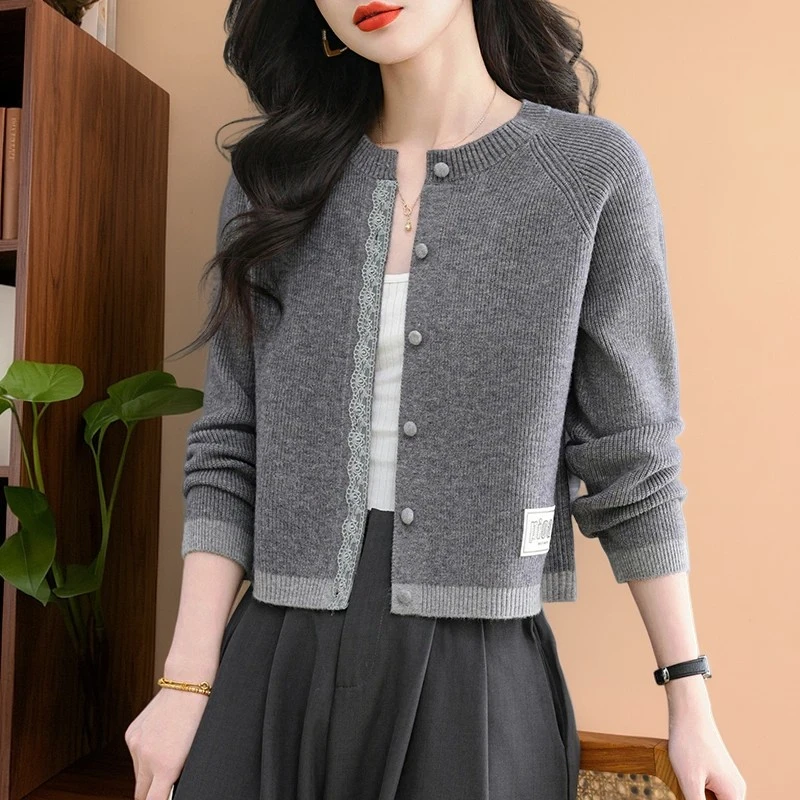 100%纯羊毛羊毛衫拼色毛衣外套女秋冬季新款高腰短款外搭针织开衫