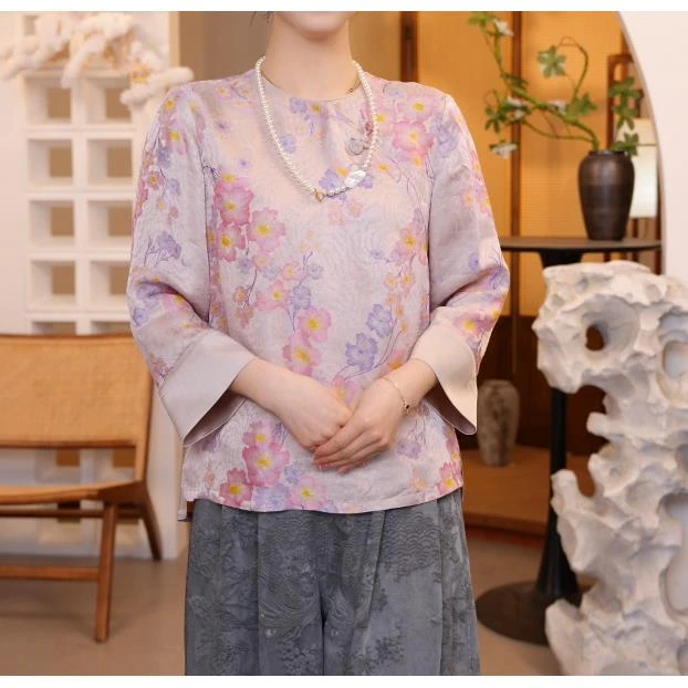 2025春夏季新款宽松复古桑蚕丝时尚中国风短袖上衣BC2522004