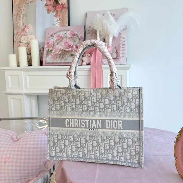 95新 DIOR/迪奥 dior灰色老花托特单肩包手提包