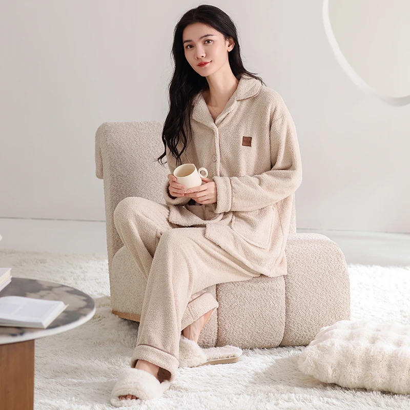 半边绒睡衣女秋冬季加绒加厚保暖珊瑚绒长袖开衫可外穿家居服套装