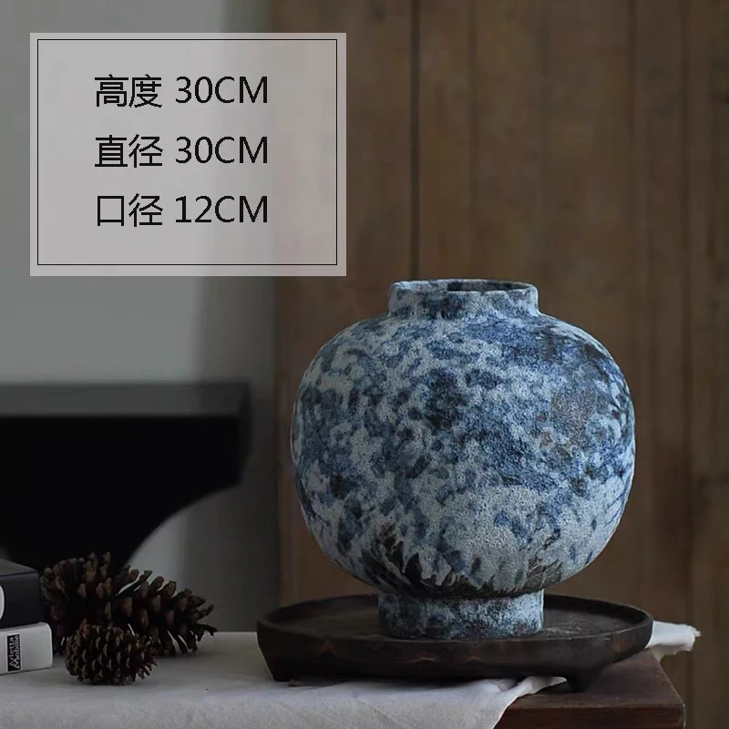 复古风陶瓷大肚花瓶侘寂风蓝色泡泡釉设计适合水培插干花客厅装饰