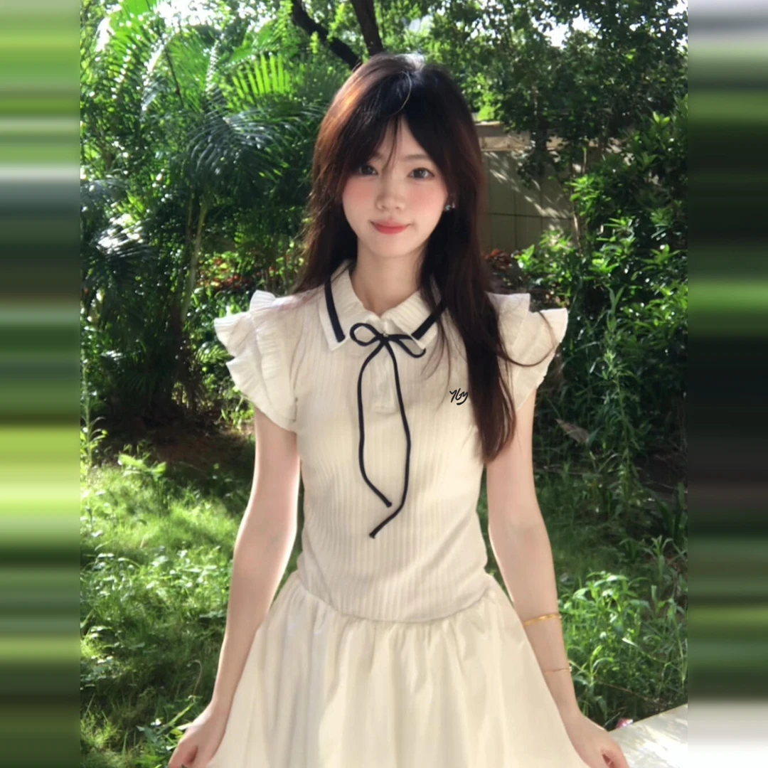 韩系学院风蝴蝶结白色连衣裙子女夏季2025新款小个子收腰a字短裙