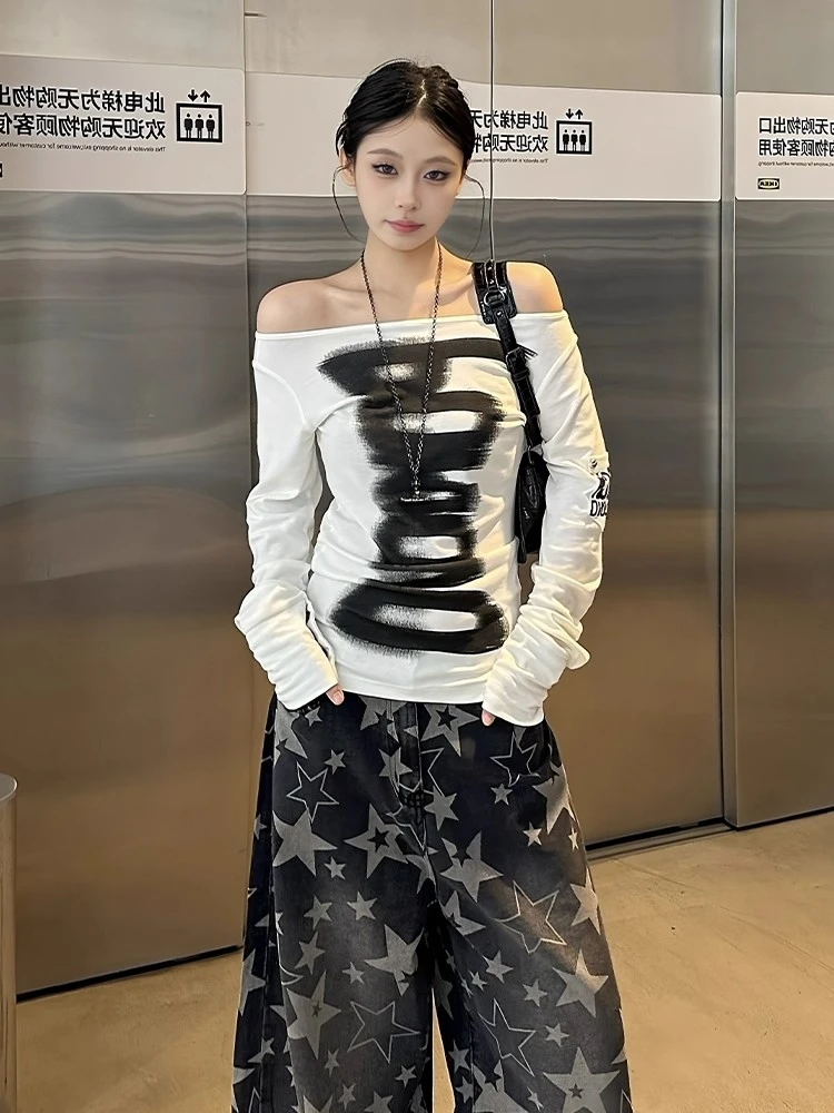 美式辣妹字母印花一字肩长袖T恤女春秋季修身显瘦设计感打底上衣
