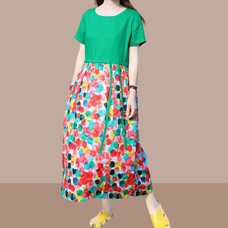 2025夏装时尚新款复古洋气旅行文艺宽松亚麻苎麻印花拼接连衣裙子