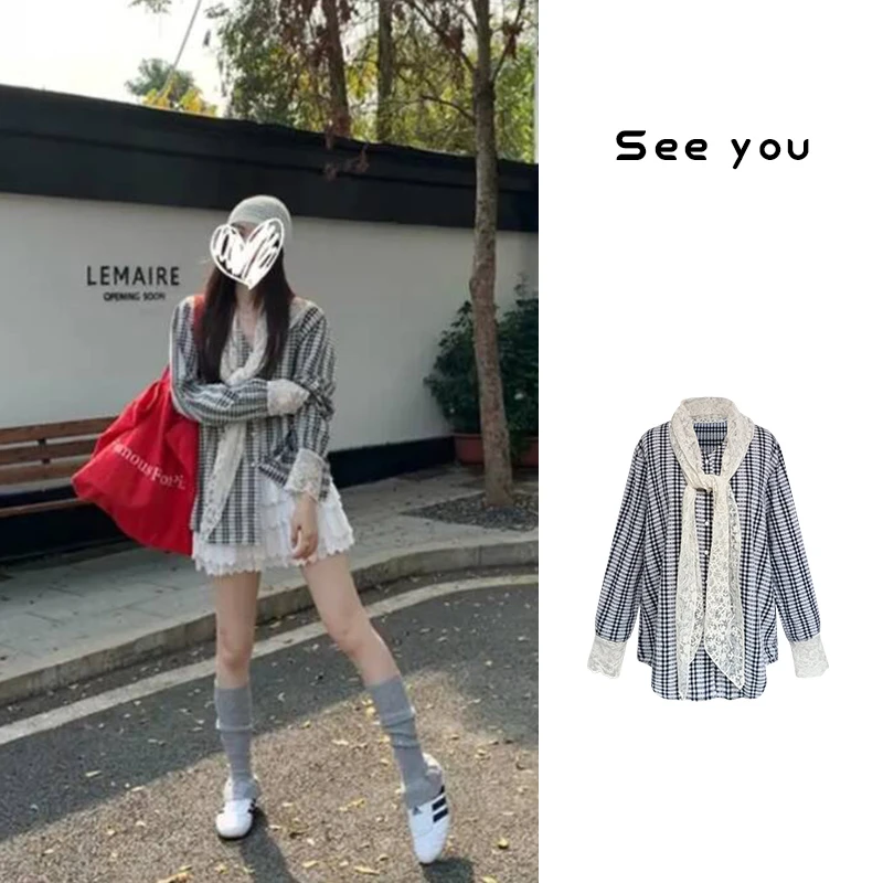 春季时尚韩系设计感V领条纹衬衫+蕾丝披肩气质长袖上衣套装女z565