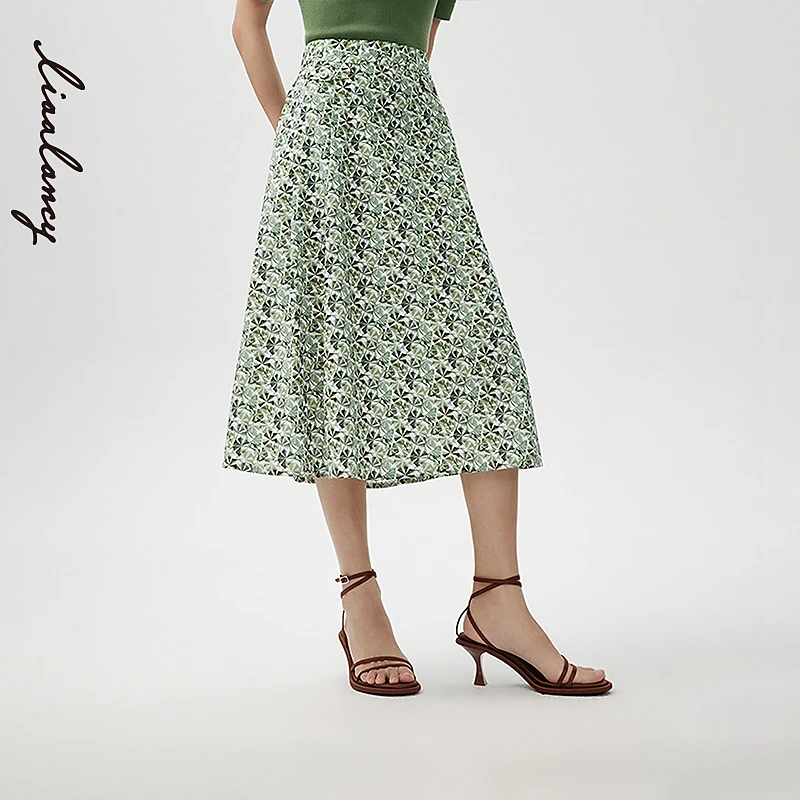LANCY/朗姿2024春季新款纯棉中长款气质印花A字半身裙女优雅伞裙