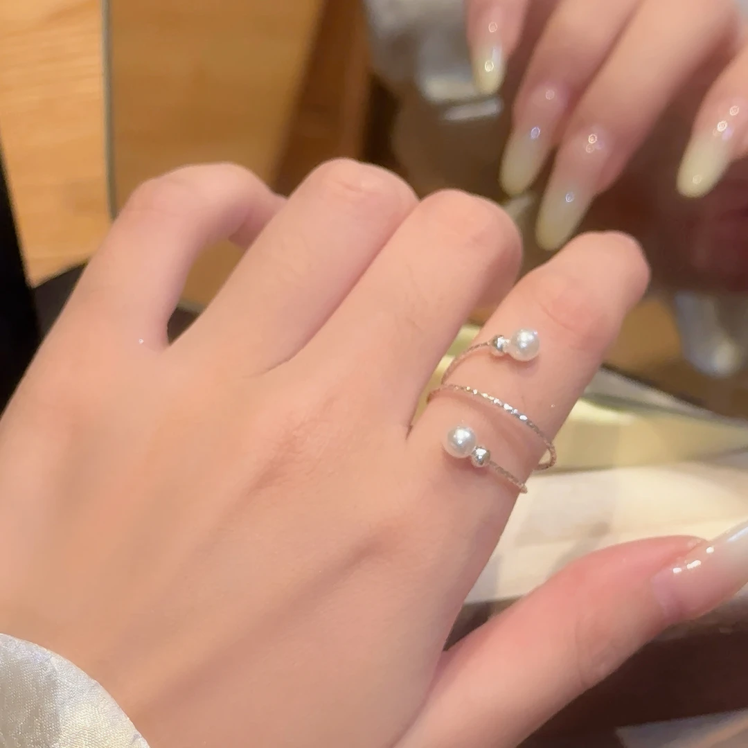 铜合金戒指 法式浪漫双珠戒指可调节高级感轻奢百搭简约指环精致