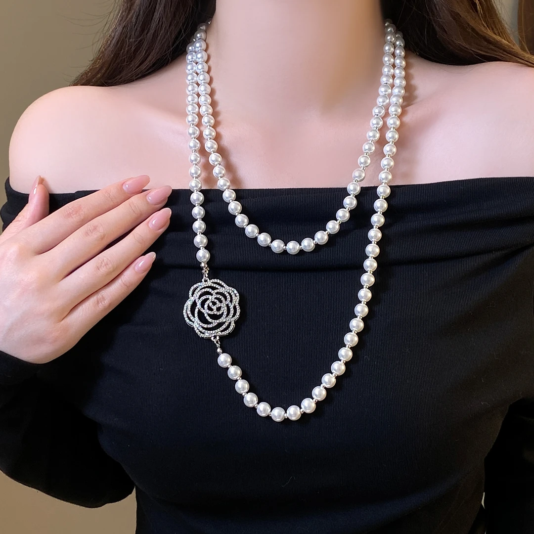 铜仿珍珠项链 多层叠戴山茶花长款项链女2025新款毛衣链秋冬配饰