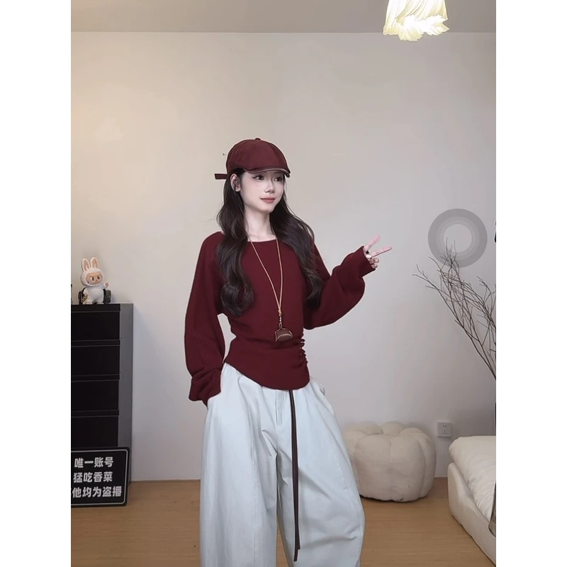 （6-8运贴）小众设计感收腰排扣斜肩针织衫秋季韩系气质显瘦小衫