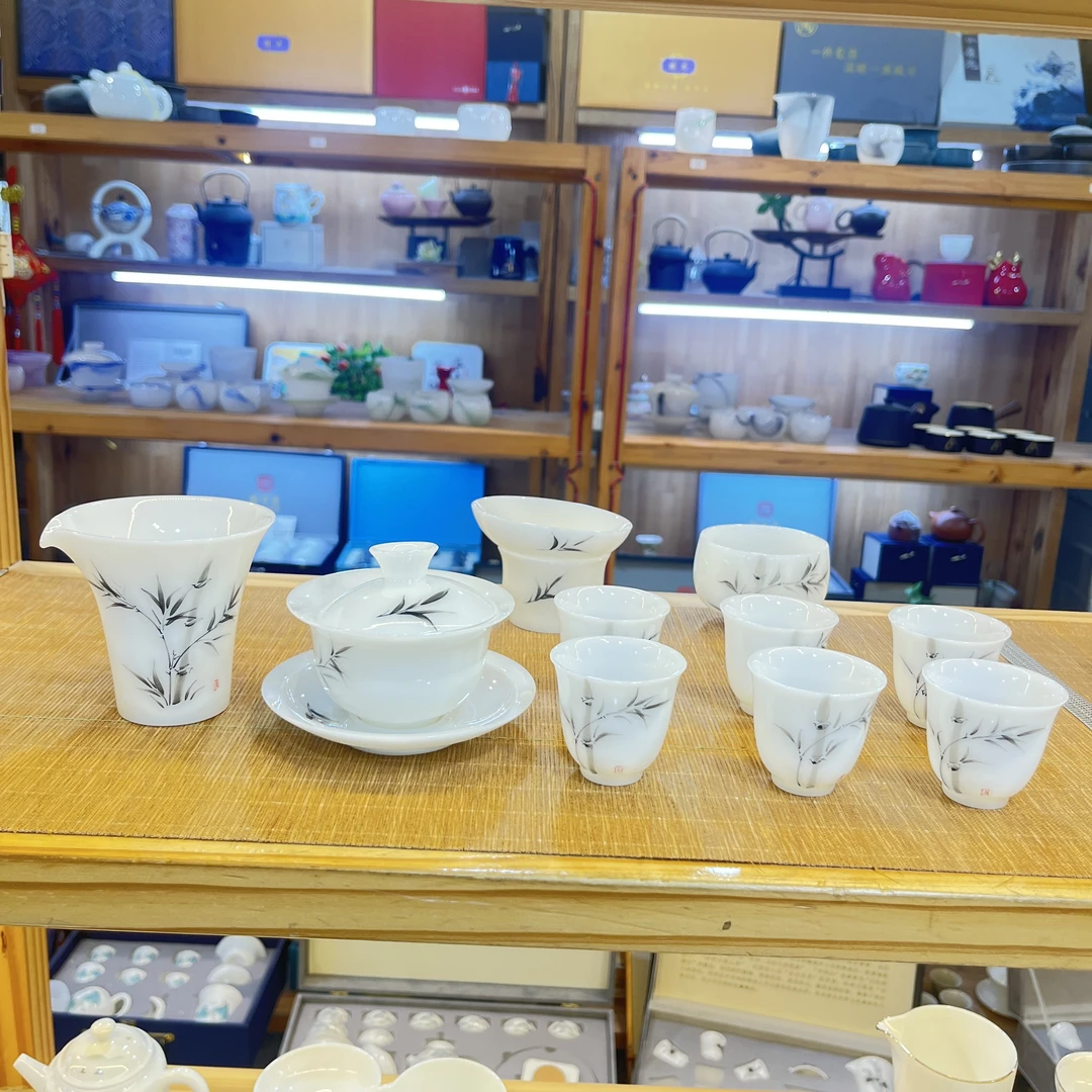 晟翔羊脂玉瓷茶具套装—手绘墨竹璞玉璞玉盖碗11件套