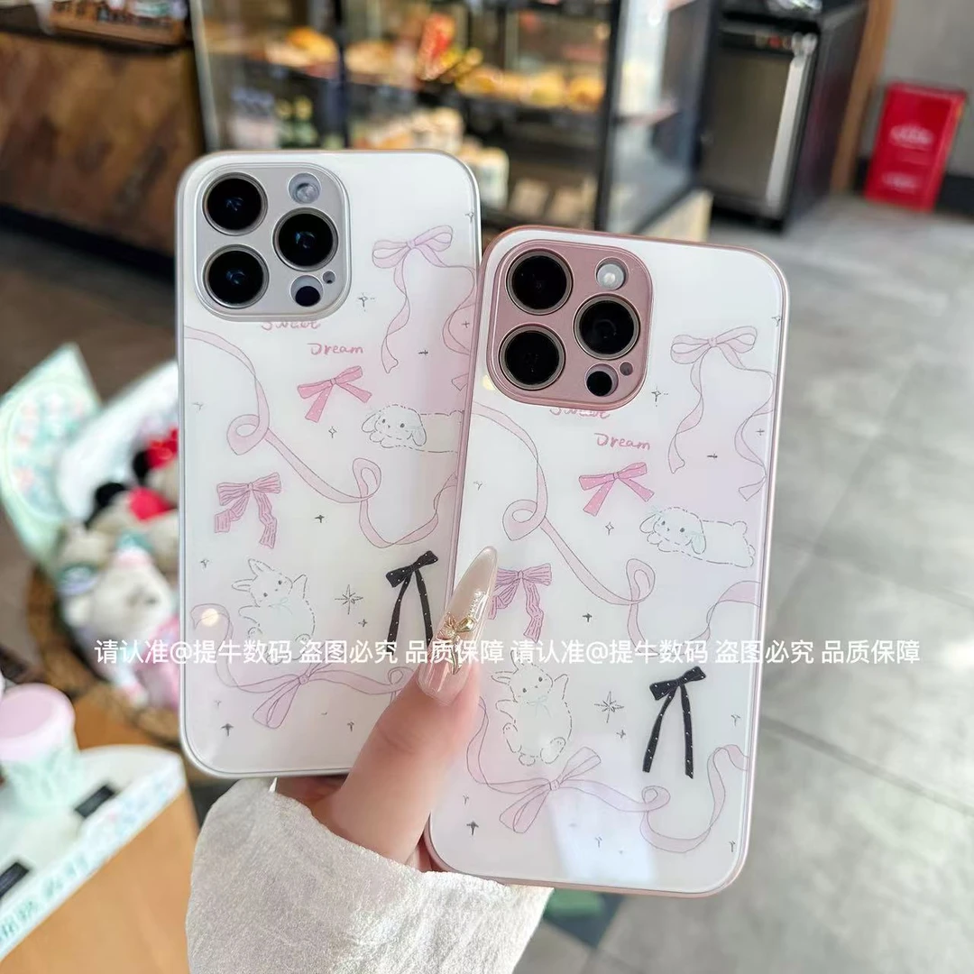 苹果/小米/华为/荣耀/OPPO/VIVO 粉嫩丝带蝴蝶结金属漆玻璃手机壳