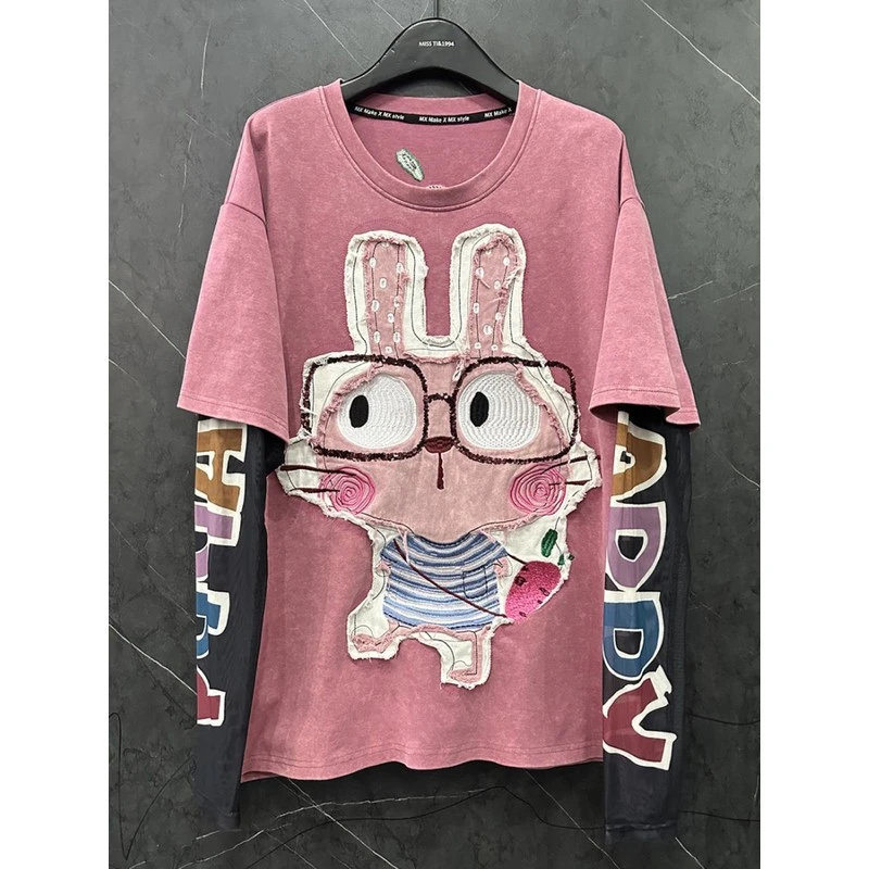 2025春秋新品甜蜜减龄重工业绣花兔假两件套长袖t恤女士休闲宽松