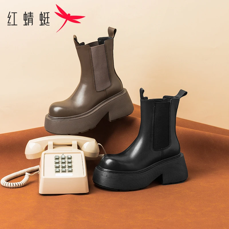红蜻蜓新款切尔西靴女鞋百搭短筒靴增高显瘦时装潮蛋糕靴