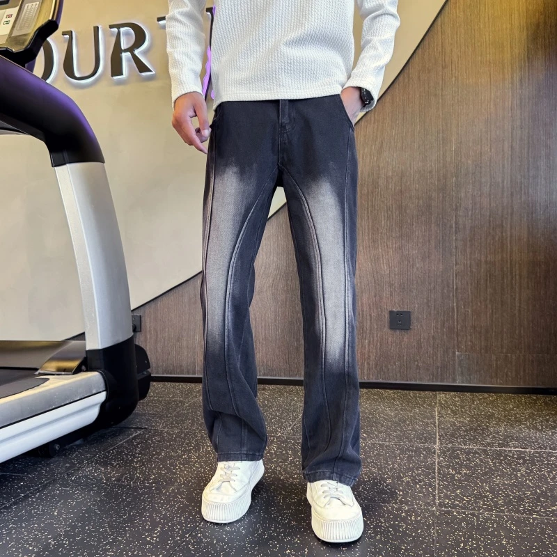 微弹力水洗牛仔裤男春秋款条纹撞色直筒裤2025新款男士设计感裤子