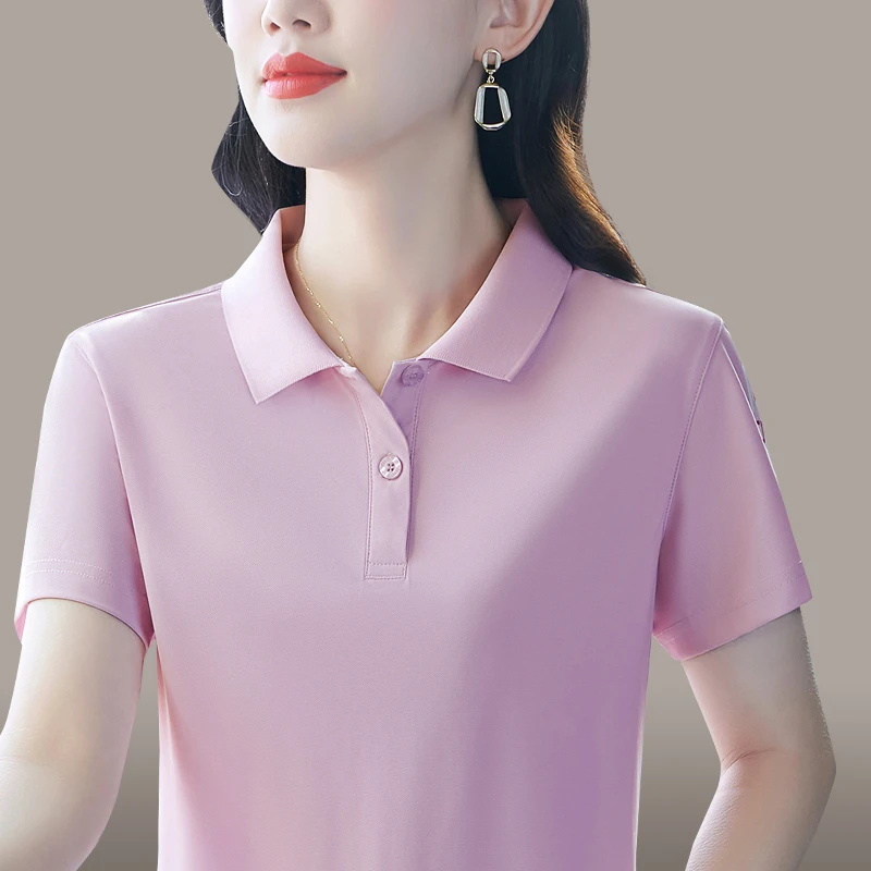 纯色短袖t恤女夏季薄款时尚洋气中年妇女冰丝翻领上衣妈妈polo衫
