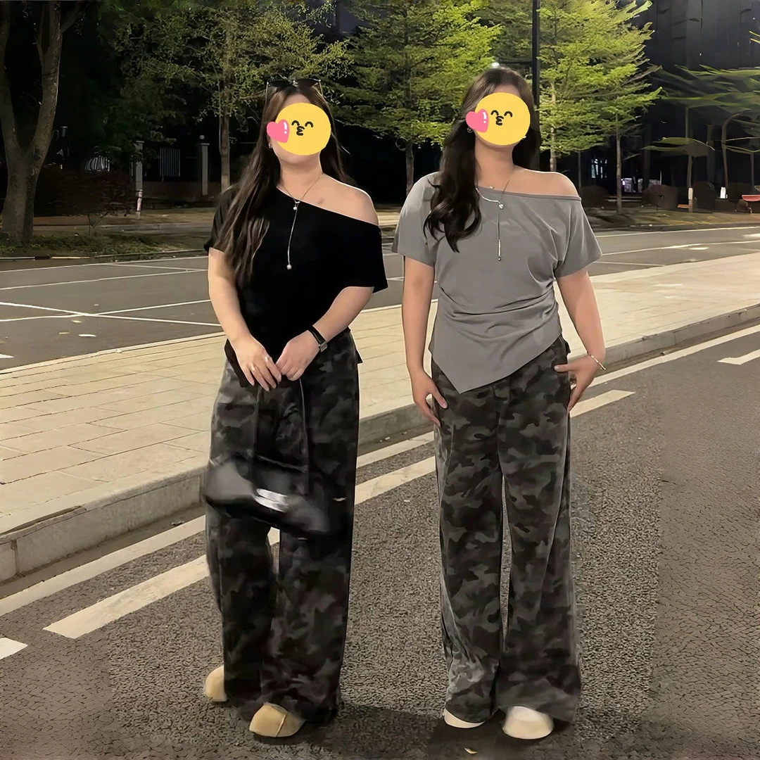 大码女装斜肩一字肩短袖t恤夏季微胖mm收腰遮肚显瘦不规则小上衣