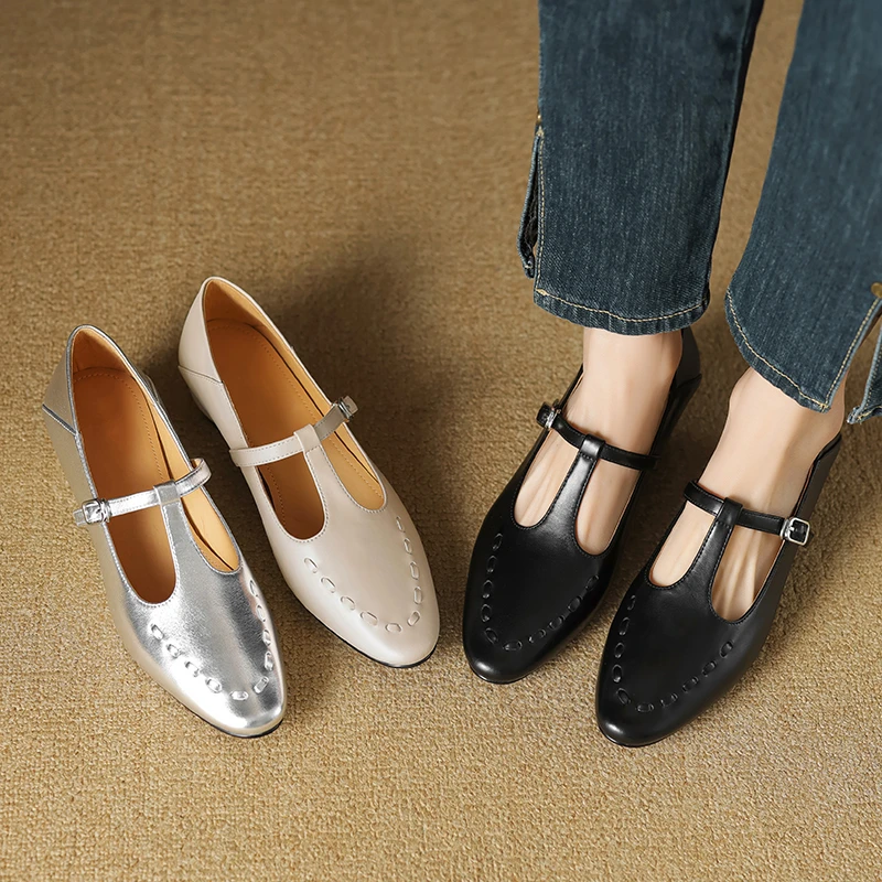 3CM，牛皮浅口低跟粗跟单鞋春秋女鞋舞蹈鞋女士牛皮软底低跟乐福鞋