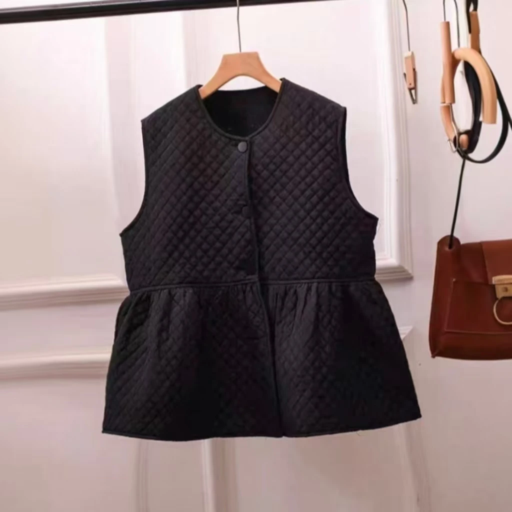 秋冬菱格娃娃棉服马甲女上衣宽松百搭减龄小清新大码荷叶边设计感