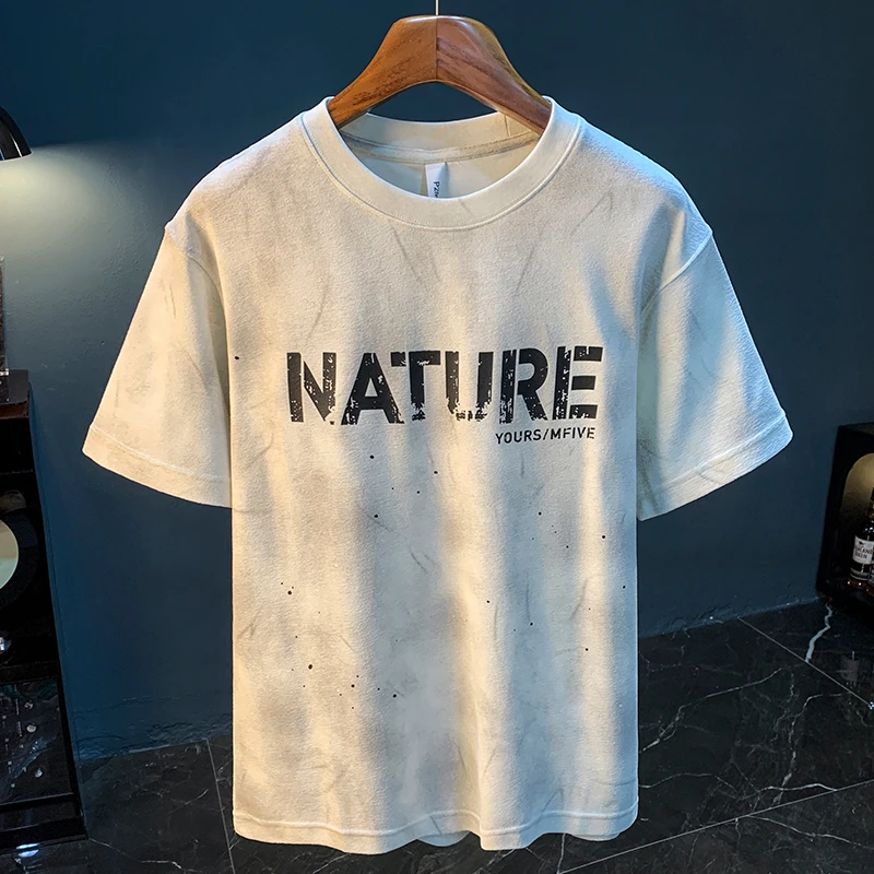 LEIGHZ/雷茨夏季短袖T恤男肌理感毛巾丝光透气体恤衫印花宽松上衣