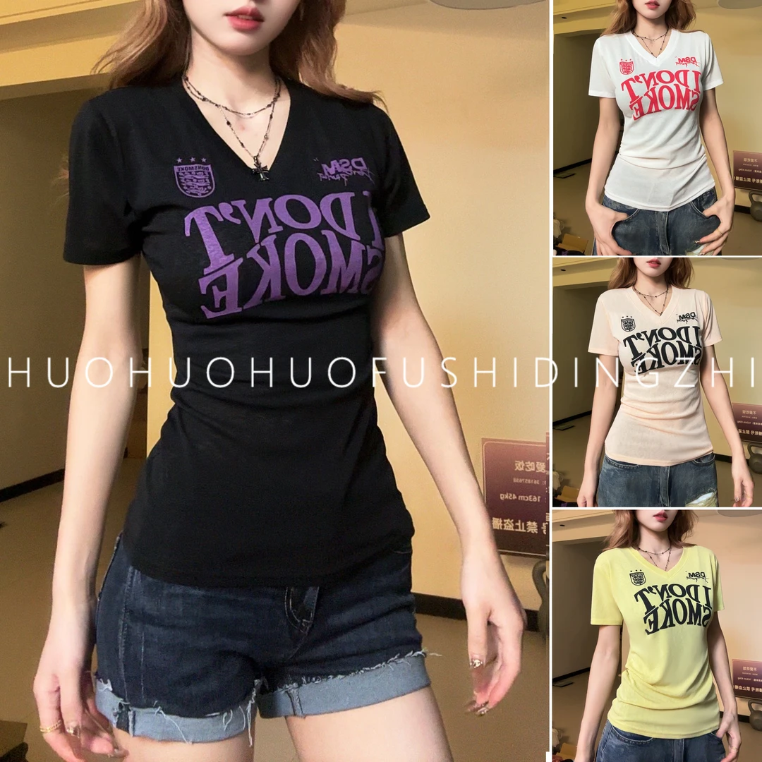 美式辣妹夏季字母印花v领短袖正肩T恤修身显瘦百搭绝美上衣6821