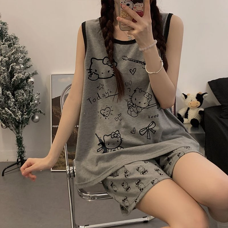 睡衣女夏季薄款可爱卡通网红少女学生吊带无袖背心短裤套装家居服