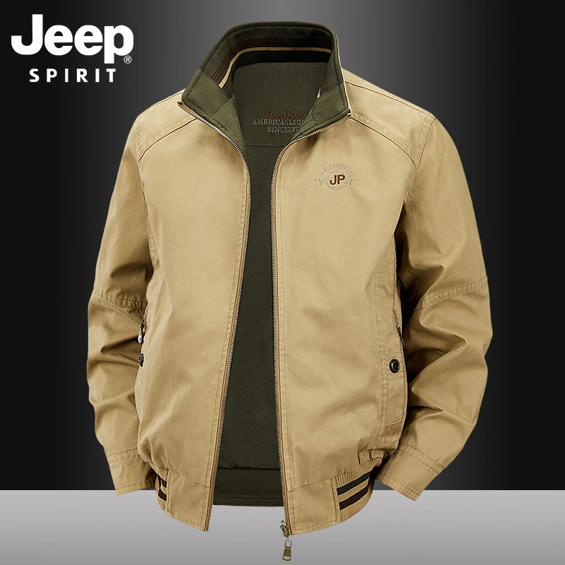 JEEP吉普美式休闲双面穿外套男士春秋季纯棉立领夹克宽松大码上衣