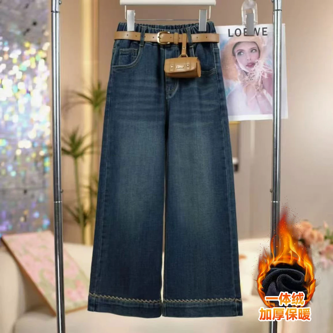 女童2025冬季新款脚口绣花牛仔裤中大童百搭儿童加绒加厚直筒裤子