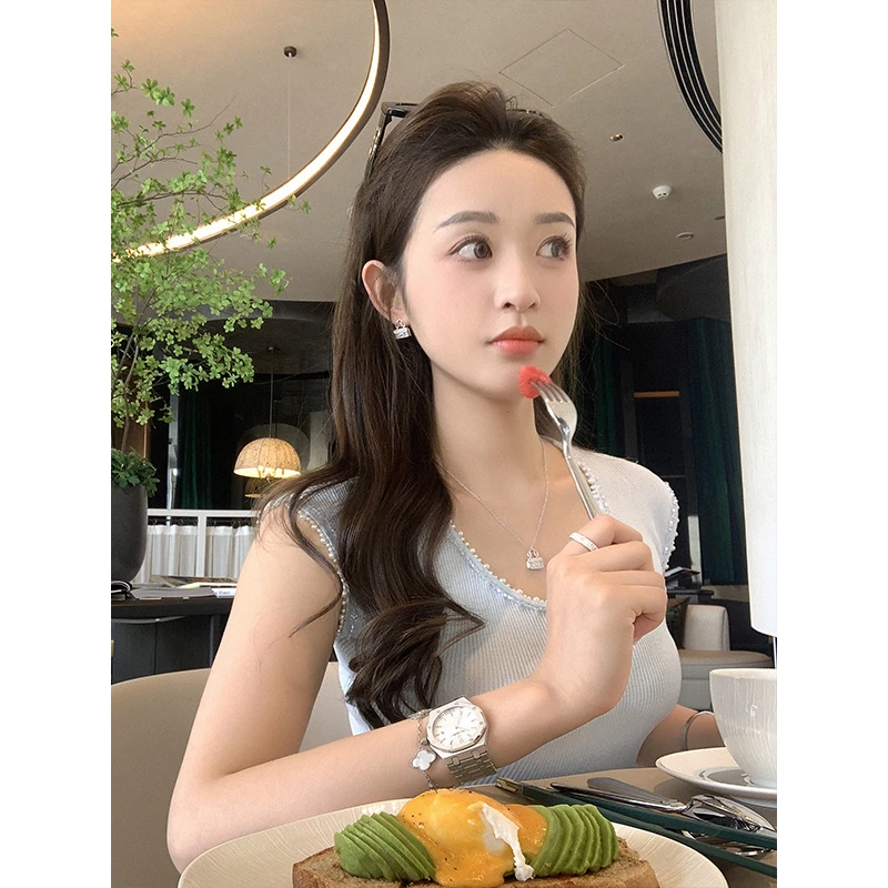 重工钉珠u领正肩针织短袖t恤女薄款夏季洋气独特别致小众上衣百搭