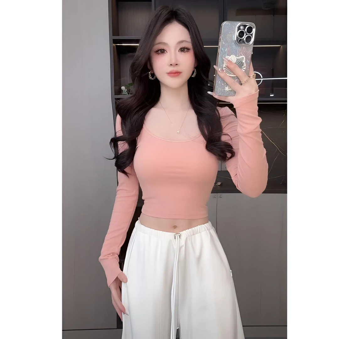 曼曼【万能基础系】纯欲U领修身显瘦长袖T恤女