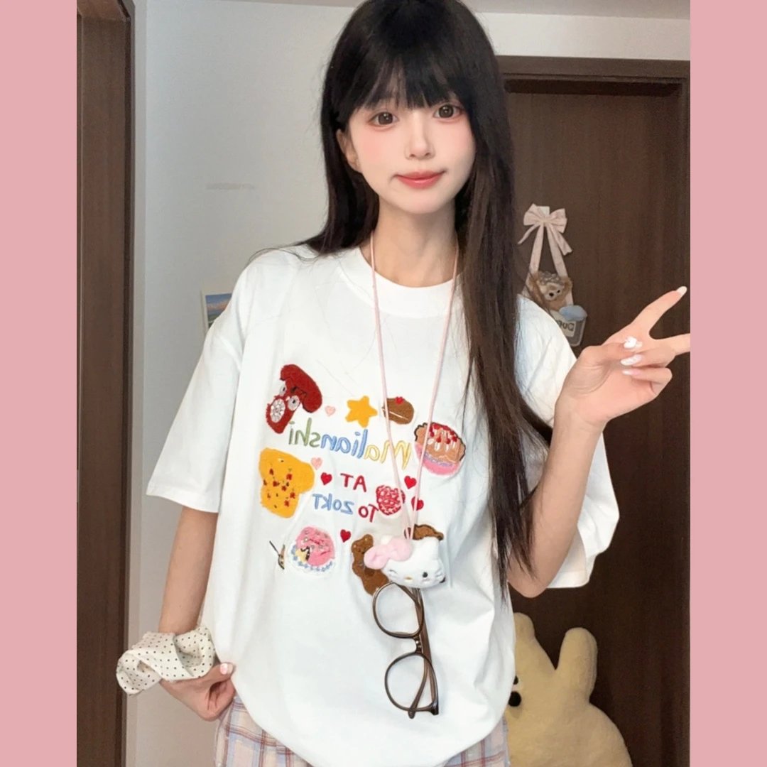 【现货+运费险】新款动漫卡通小熊多巴胺字母刺绣韩系甜美纯棉短袖t
