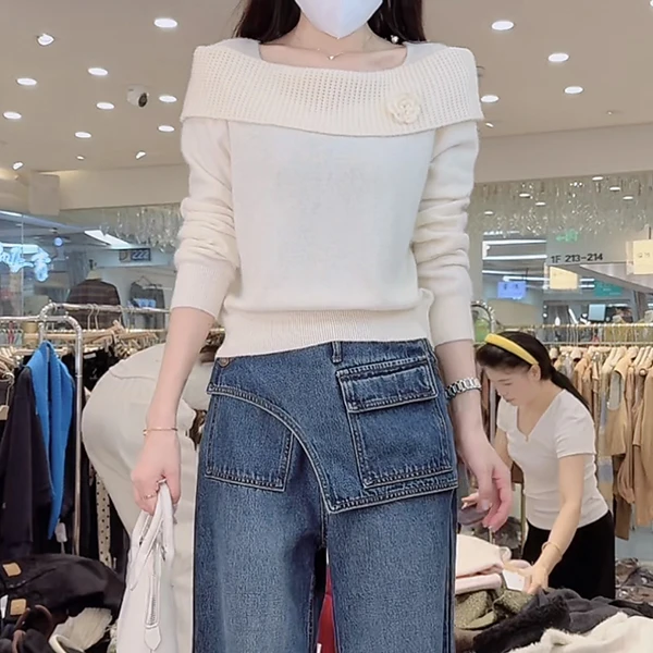 新款拼接长袖针织衫潮牌女装时尚风秋季显瘦女装百搭毛衣X0224