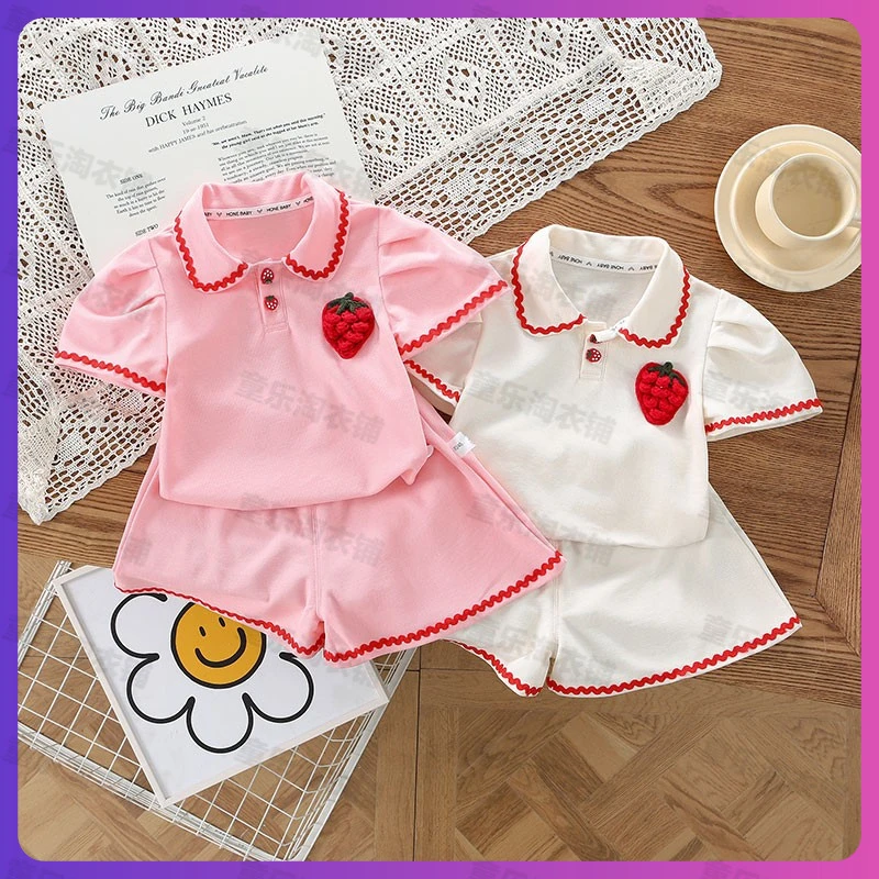 女童夏季套装新款学院短裤时尚草莓短袖套装