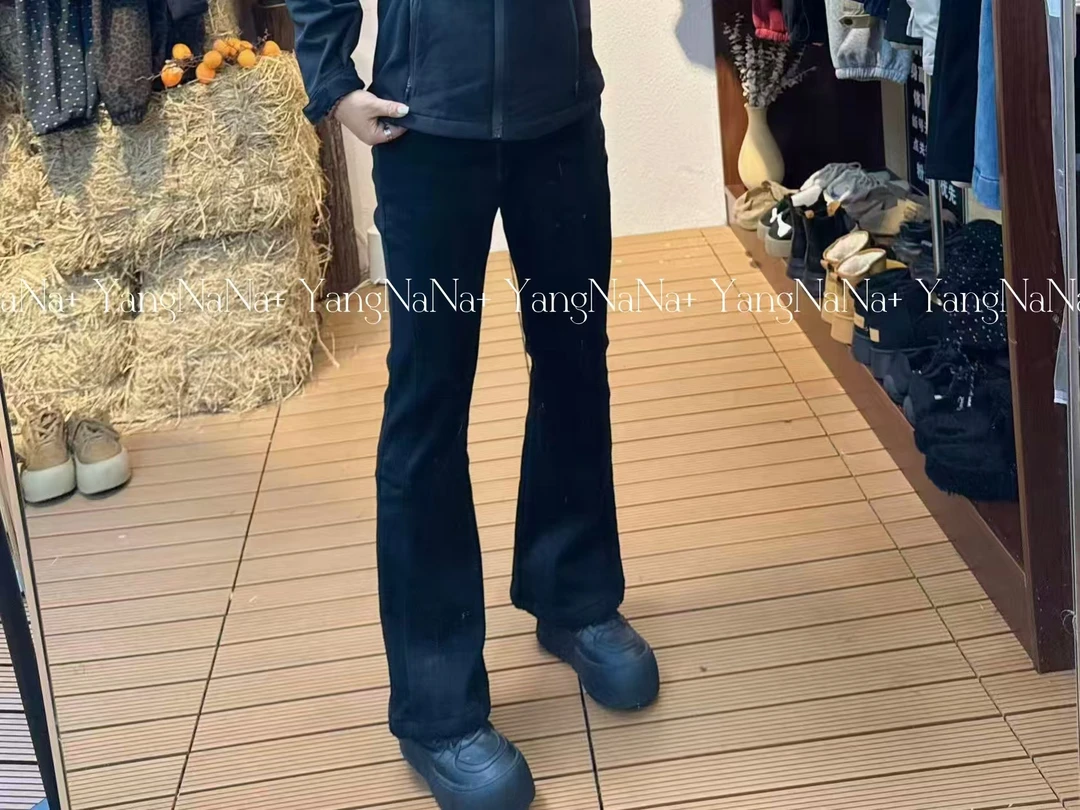 【蔡徐坤黑皮衣巴黎】百搭大版洋气直筒弹力加绒喇叭腿裤子60057