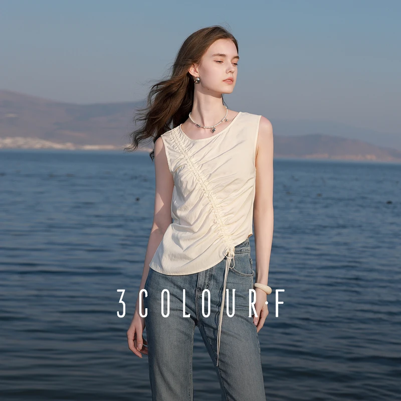 三彩独醒2025夏季新款抽绳小衫设计感圆领无袖上衣休闲F