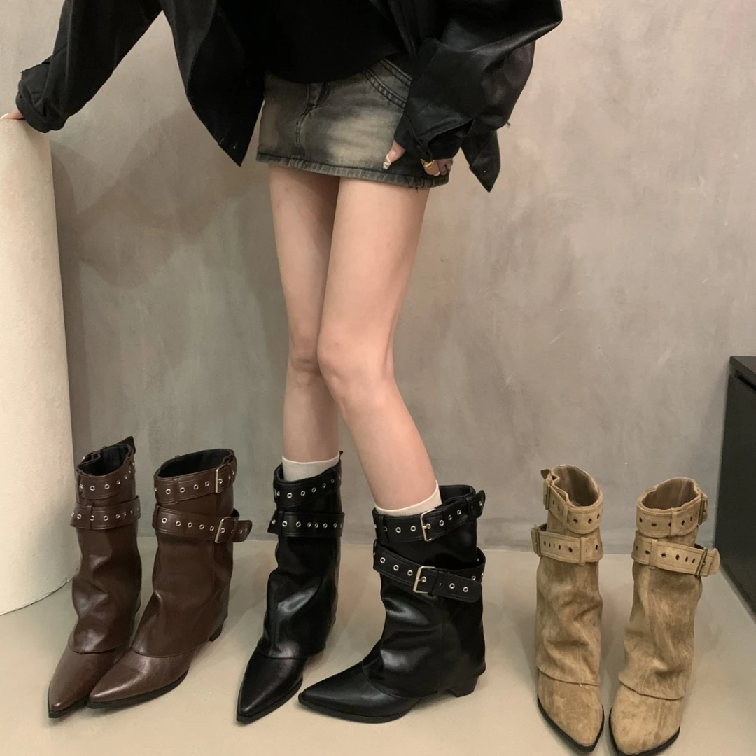 2025新款美式辣妹铆钉裤腿增高尖头短靴女秋冬新品西部牛仔靴