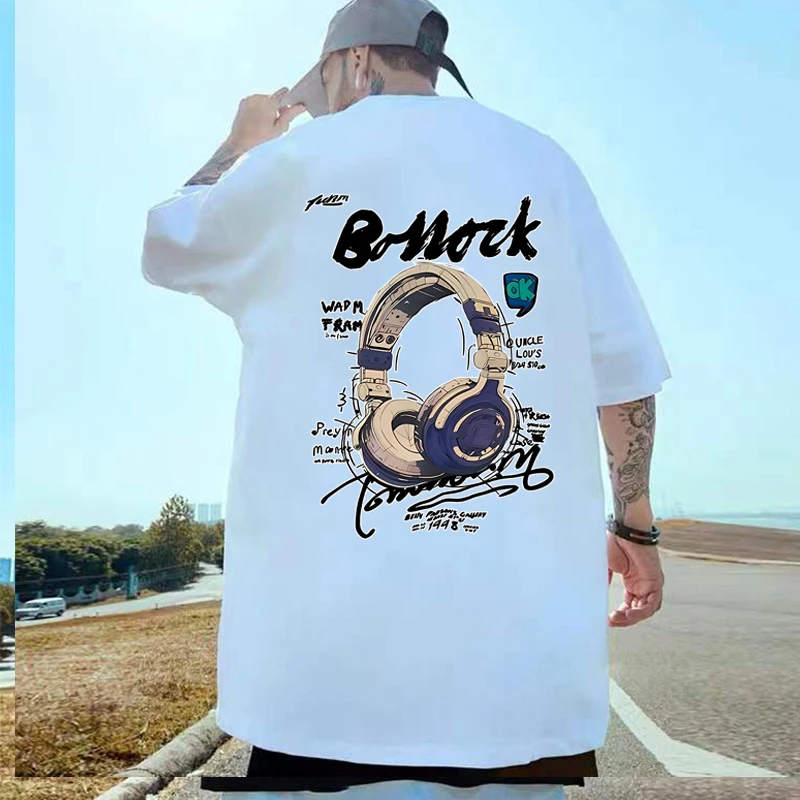 胖子纯棉短袖T恤男宽松加大码上衣美式高街男女设计感小众五分袖