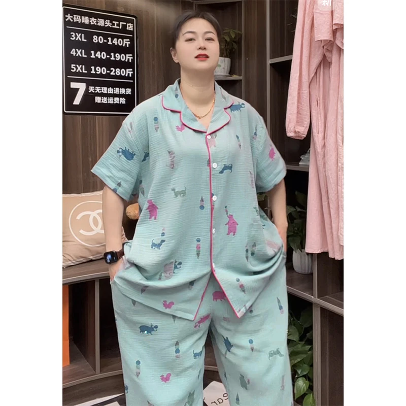 夏季大码纯棉睡衣女士薄款翻领家居服胖mm短袖七分裤纱布两件套