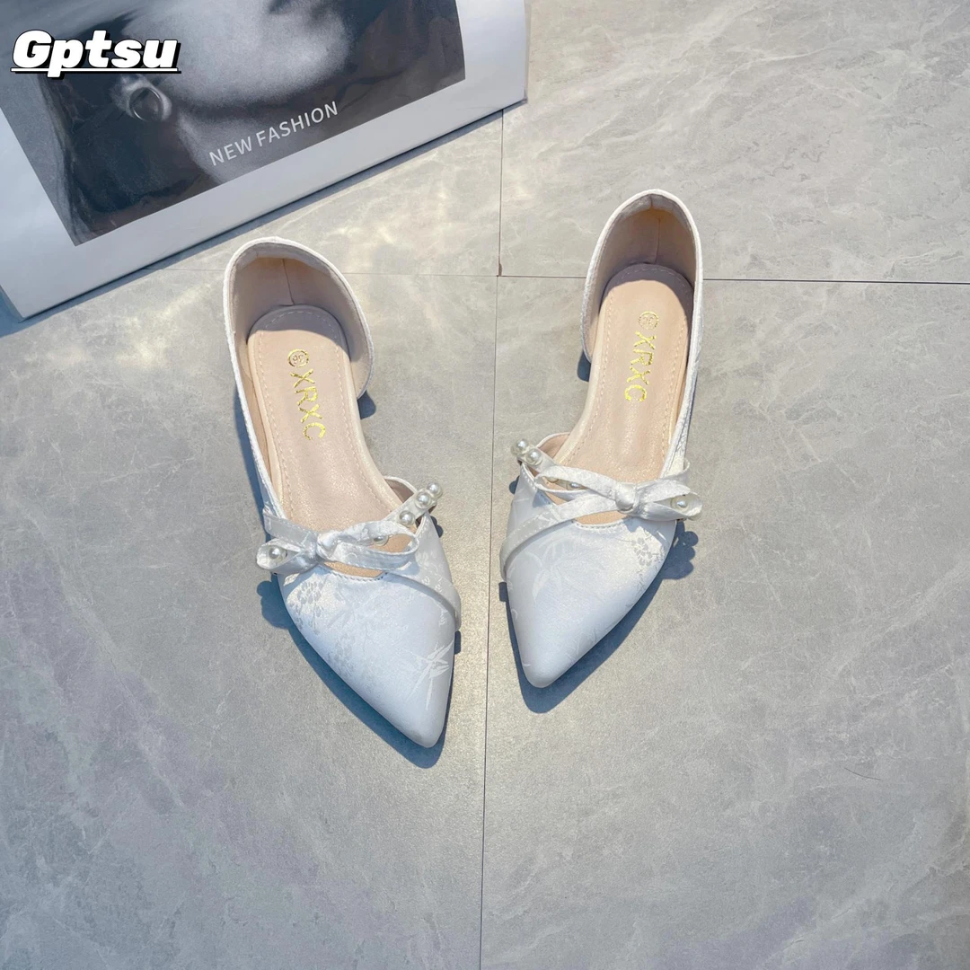 GPTSu新款尖头珍珠蝴蝶结单鞋女夏季浅口平底百搭仙女风配裙子鞋