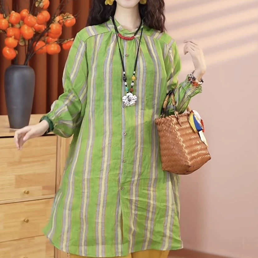 【“青青子衿”乔一推荐】2025新复古中式条纹苎麻中长款女上衣26103