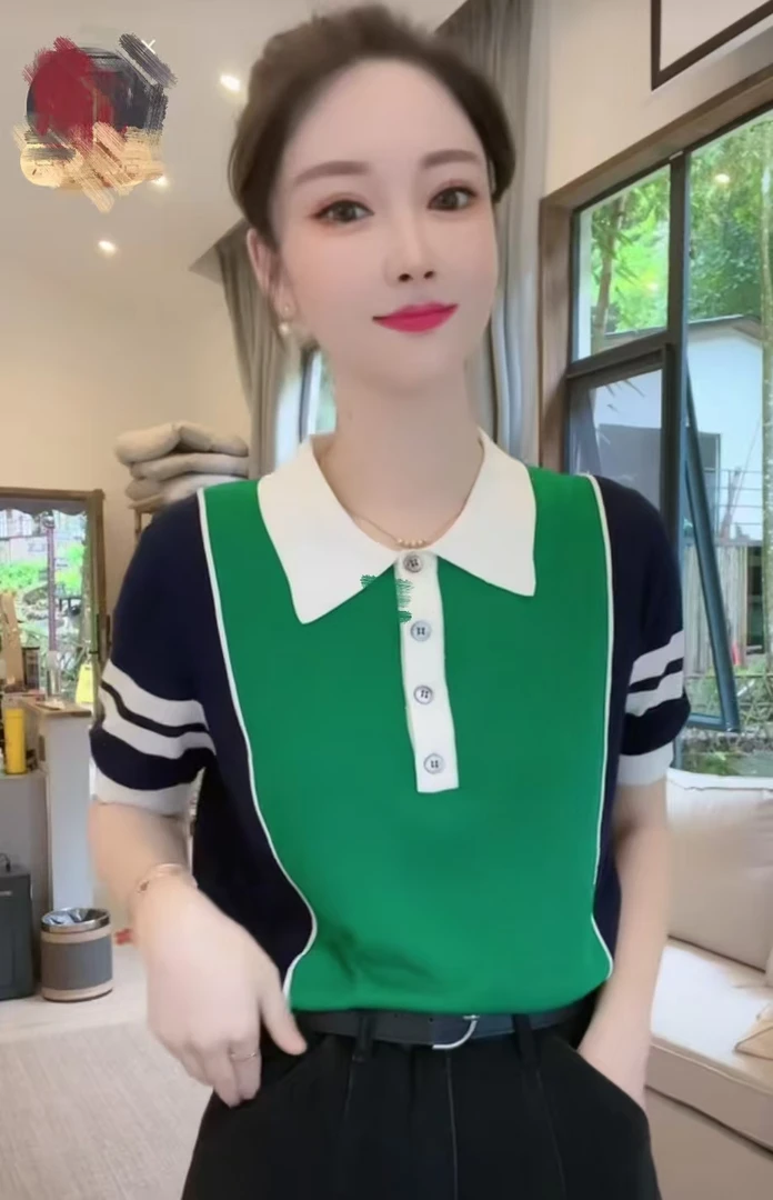 (A13)针织休闲短袖拼接Polo衫显瘦减龄宽松时尚