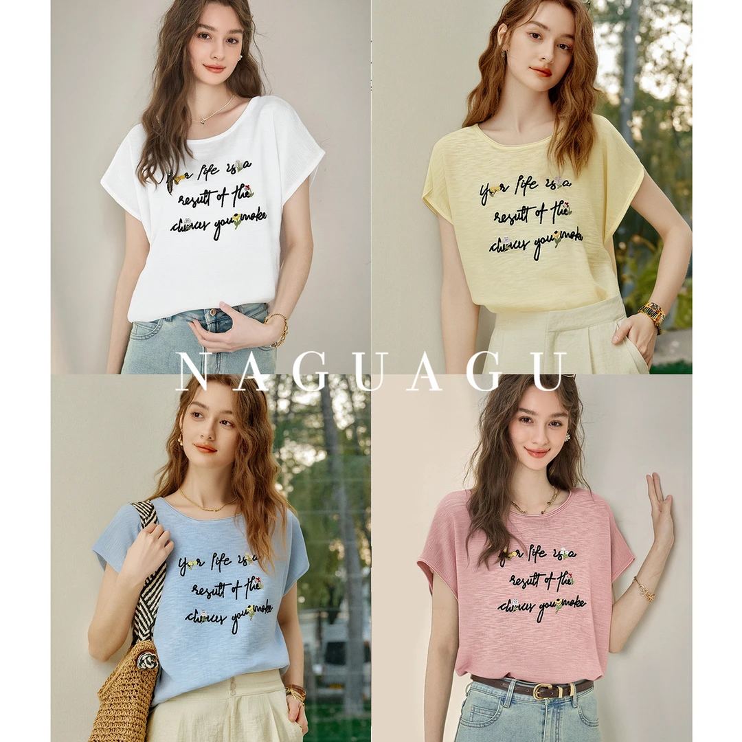 【赛恩娜针织】高含量人棉 短袖字母刺绣针织衫女简约上衣夏季