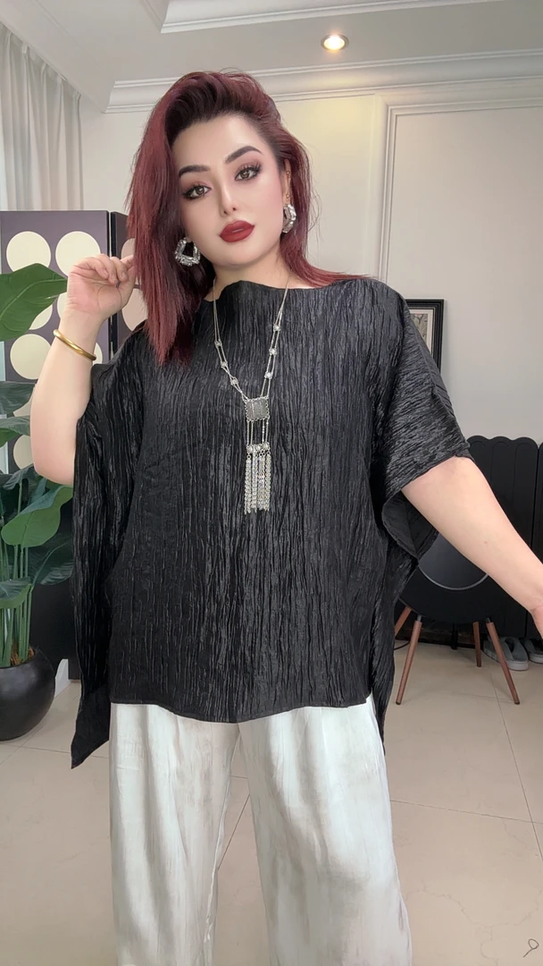 新款夏季褶皱宽松黑色衬衫