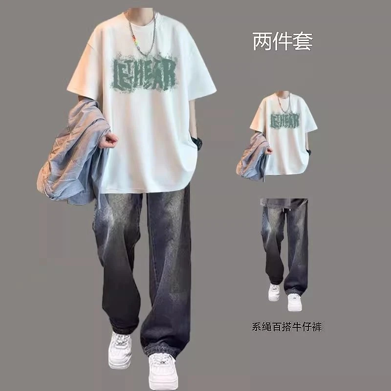 夏季潮牌短袖T恤休闲套装男生痞帅一套ins搭配潮流牛仔裤男两件套
