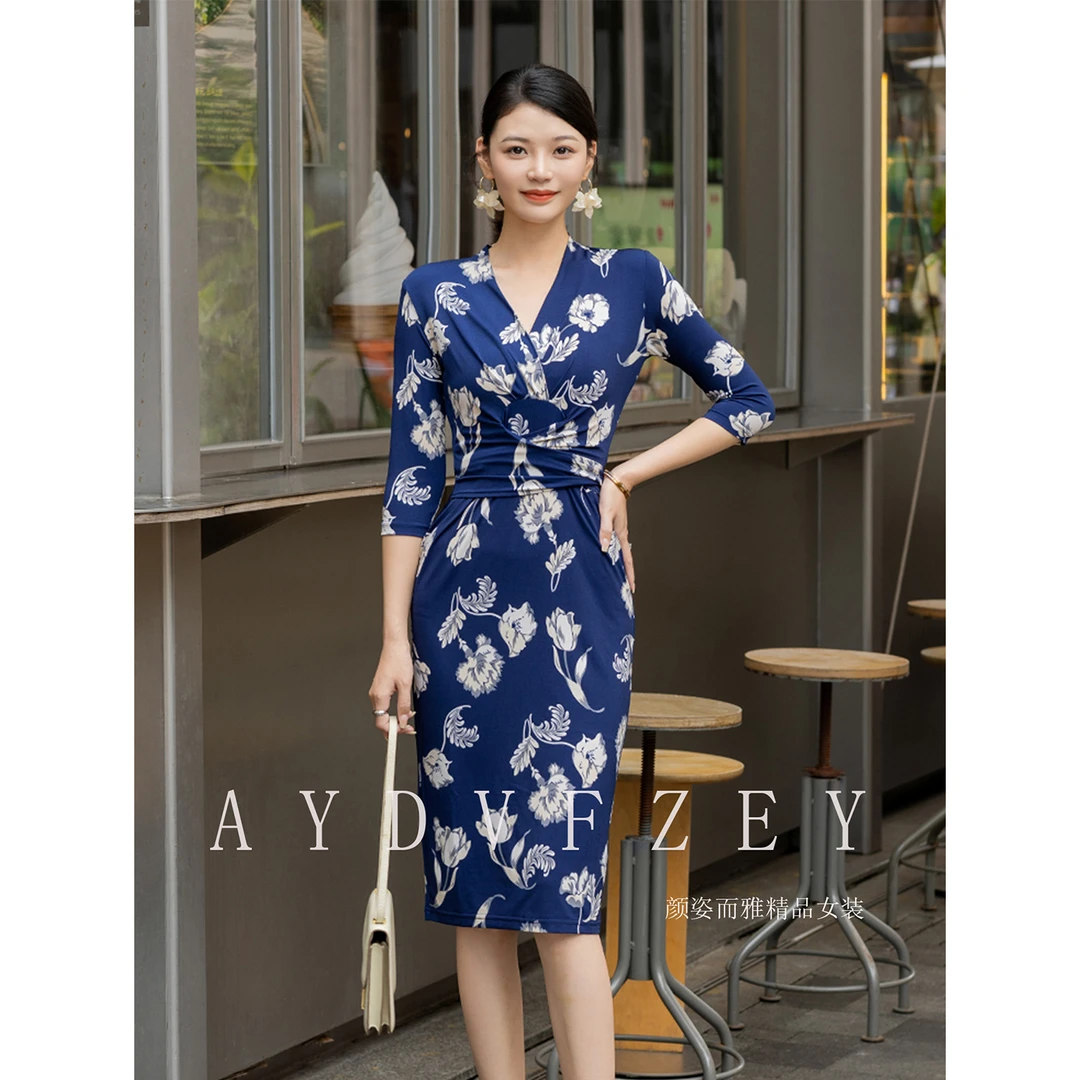 夏季韩版裹身裙高级感藏蓝色印花V领套头收腰显瘦中长款连衣裙
