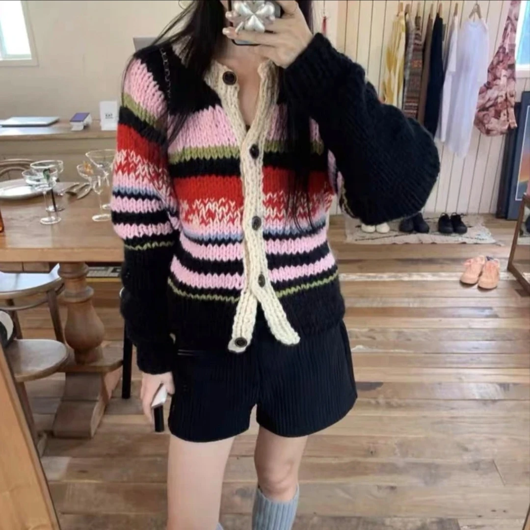 韩系彩虹条纹粗线针织衫女25秋冬新款圆领拼色慵懒风手工毛衣外套