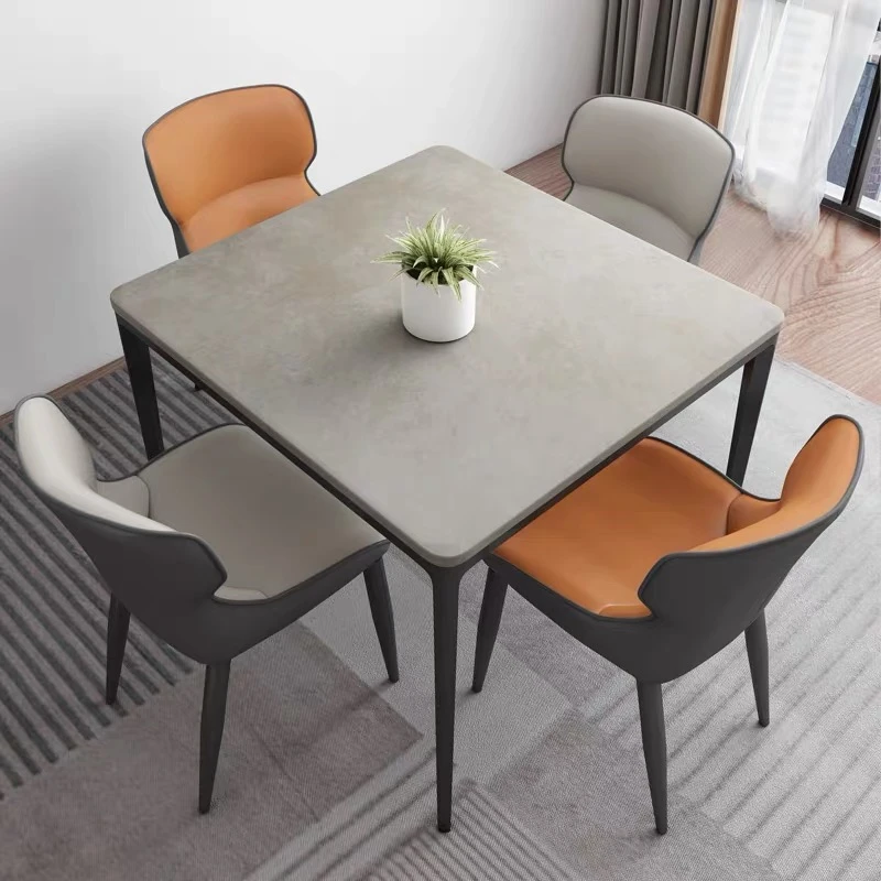 极简铝合金岩板餐桌家用1米洽谈四方桌棋牌室打麻将马鞍皮餐椅子