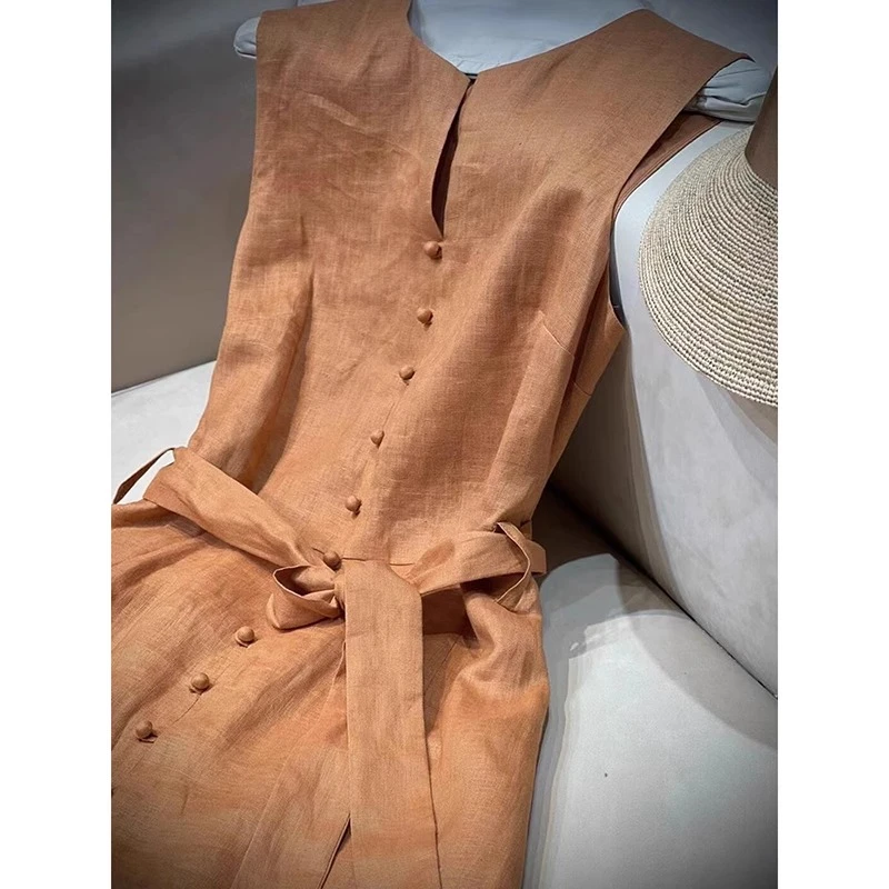 法式气质高端精致高级感超好看梨型身材橘色收腰无袖连衣裙女夏