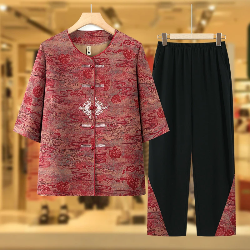 老年人夏装女中袖衬衣奶奶套装立领国风上衣妈妈2025新款中式衬衣