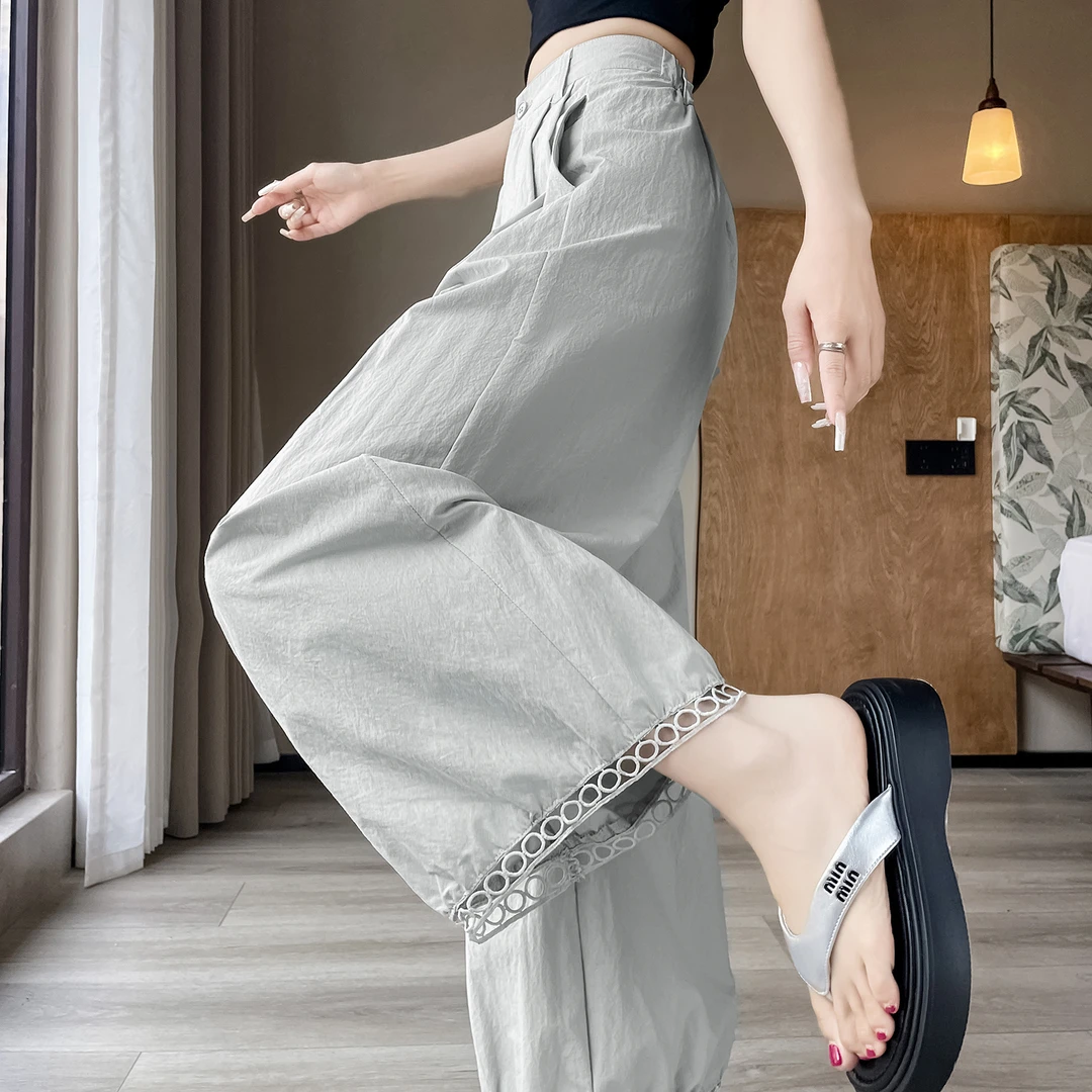 浅灰色镂空灯笼裤女夏季薄款高腰显瘦宽松休闲裤小个子九分气球裤